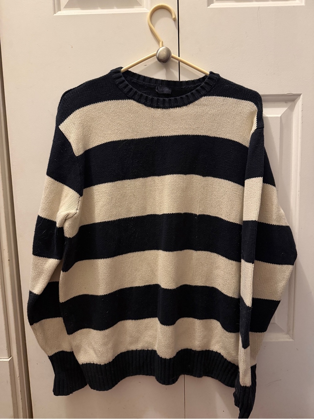 Brandy Melville Navy and Cream Striped Crewneck Sweater